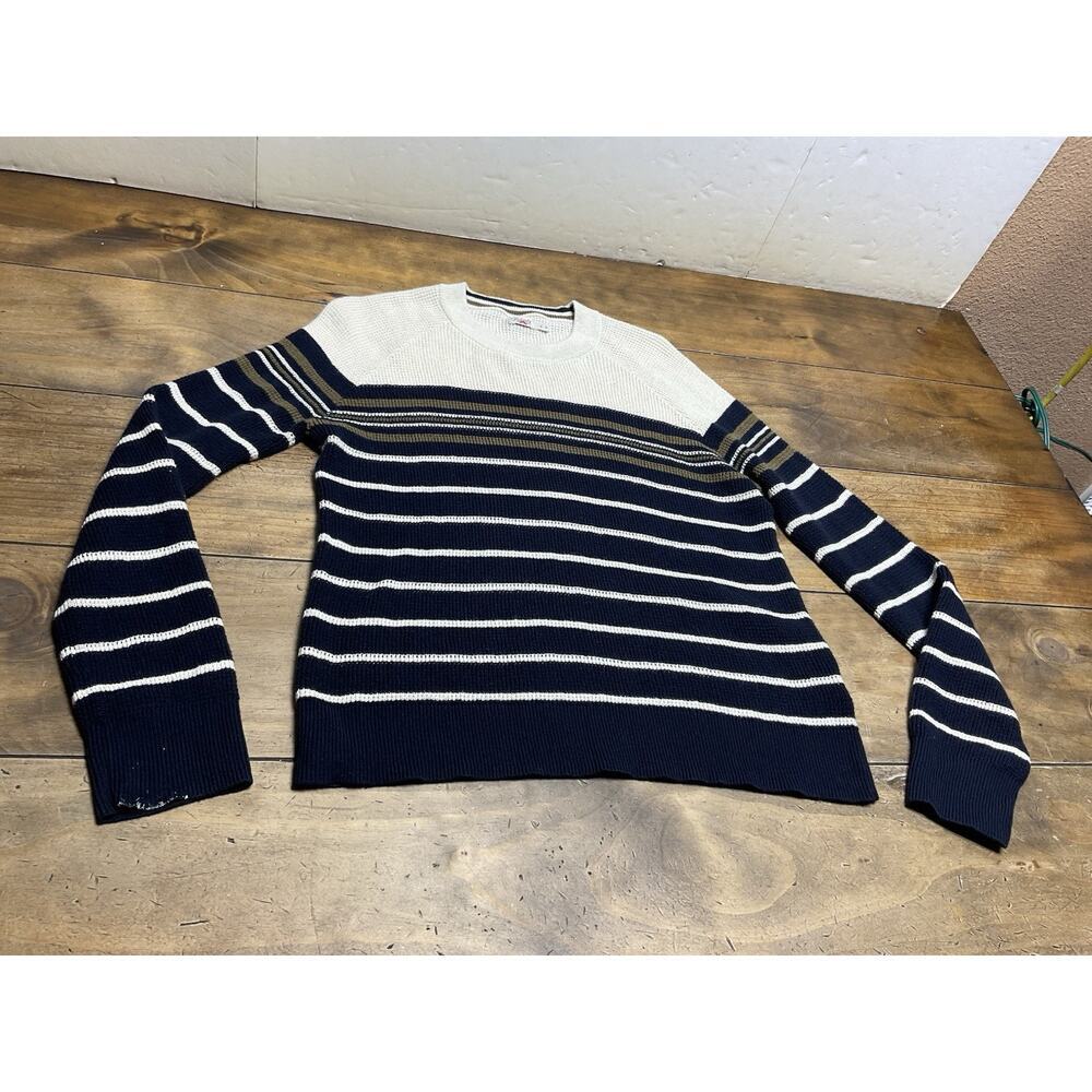 Faherty Throwback Crew Waffle Knit Pullover Oakland Stripe Black Size Small